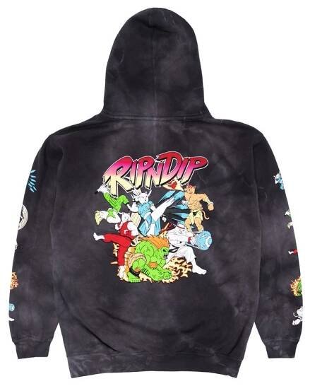 Čierno-šedá mikina s vypraným efektom od Ripndip model Nerm Fighter má farebnú potlač na hrudi, rukávoch aj chrbte - RND