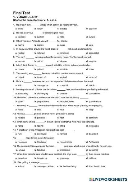 the final test is shown in this worksheet for students to learn how to use it