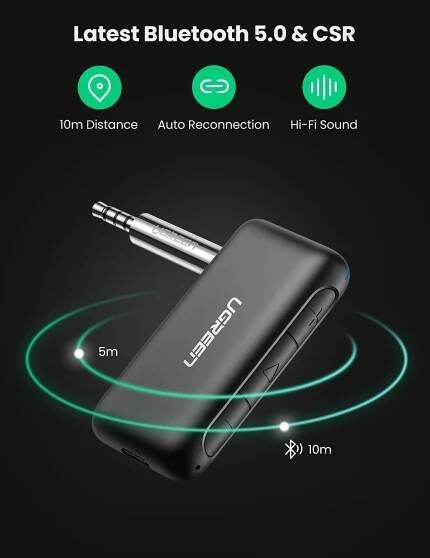 UGREEN Car & Home Bluetooth 5.0 Receiver Audio Adapter Handsfree Black