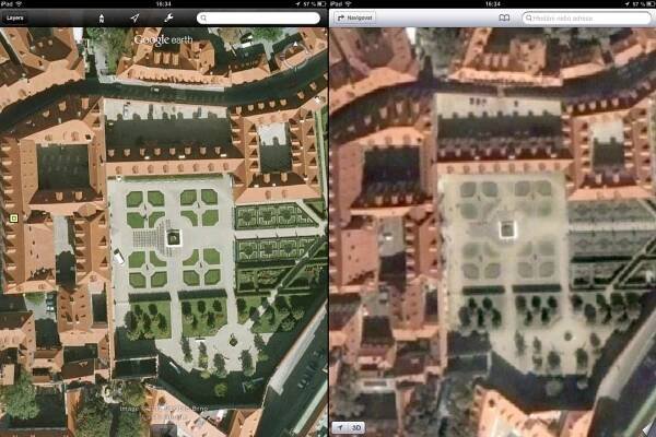 Srovnání kvality satelitních map v aplikaci Google Earth s novými mapami od Applu