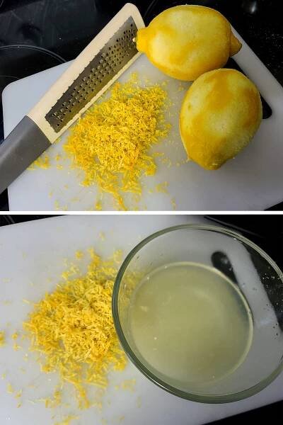 A 2 oart image showing lemons being juiced and zested.