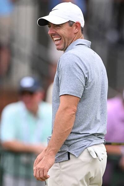 Rory McIlroy of Northern Ireland reacts on the first tee during a practice round prior to the U.S. Open at Pinehurst Resort on June 12, 2024