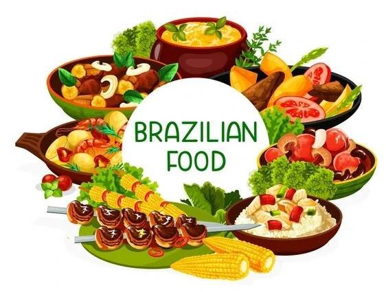 Brazilská kuchyně, brazilské maso a rybí pokrmy vektorové menu. Brazilská kuchyně jídlo pokrmy churrasco maso špejle, rybí bacalhau, fazole feijoada, játra s banány a mango smažené hovězí salát — Ilustrace