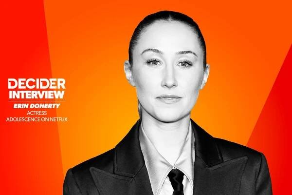 ERIN DOHERTY in black and white on an orange background
