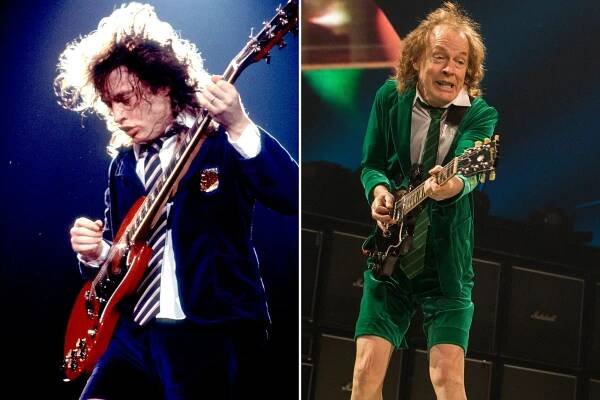 An image collage containing 2 images, Image 1 shows Angus Young of AC/DC playing guitar on stage, Image 2 shows Cliff Williams of AC/DC playing guitar on stage