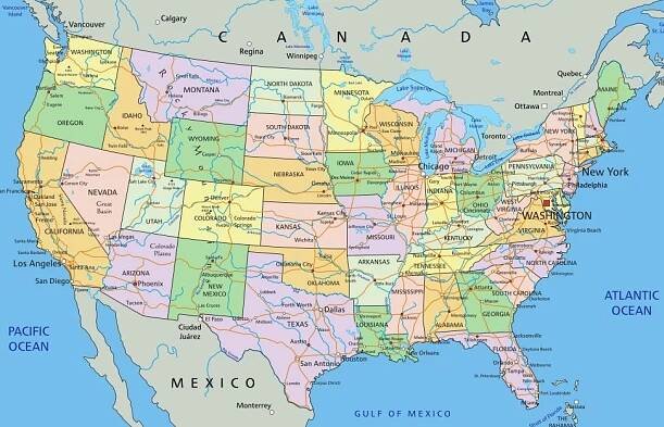 Státy USA: Mapa🗺️ Ameriky a města na mapě