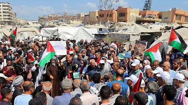Palestinci ve městě Gaza izraelskému postupu v Pásmu Gazy. (21. srpna 2025)