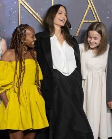 Zahara Jolie-Pitt, Angelina Jolie and Vivienne Jolie-Pitt attend the "The Eternals" UK Premiere at BFI IMAX Waterloo on October 27, 2021 in London, England