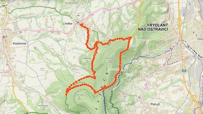 Mapa výletu s kočárkem kolem Ondřejníku v Beskydech