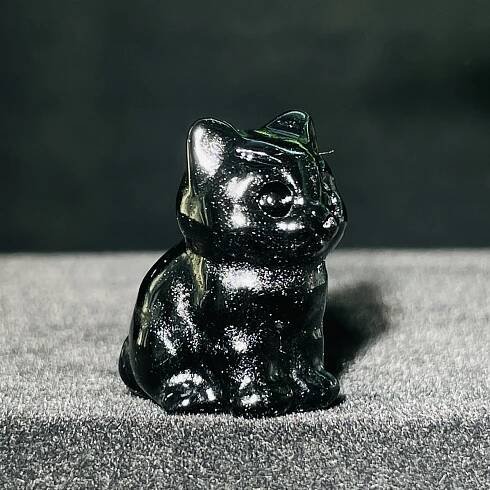 Sedící kočka z přírodního krystalu | kočičí soška, domácí dekorace - Obsidián