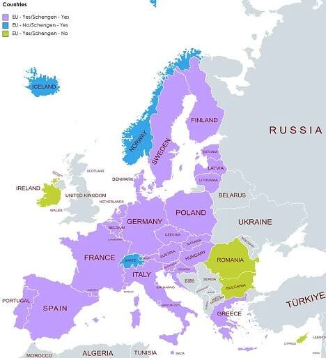 list of schengen countries in a map view