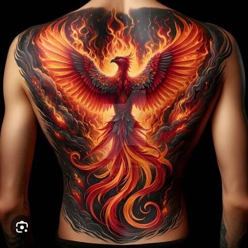 the back of a man's body with an orange and red bird on it