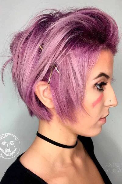 Short Straight Messy Thin Hair Swept-Back Bold Pinky Violet Bixie Cut 