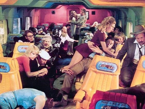 BIG BUS,THE, Rene Auberjonois, Ruth Gordon, Sally Kellerman, Richard Mulligan, Bob Dishy, etc, on the Trailways bus, 1976