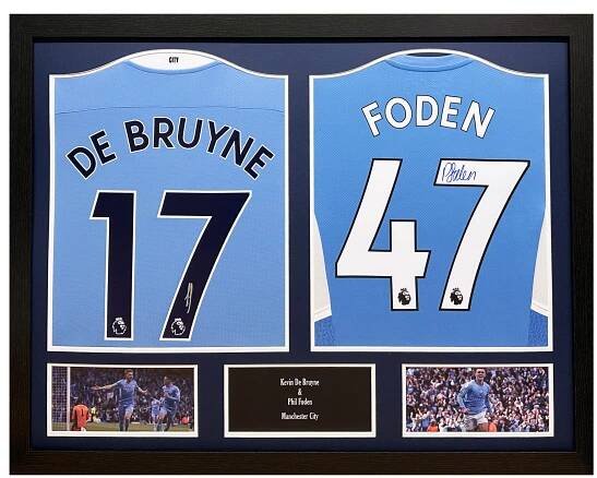 Foden & De Bruyne Double Signed Manchester City Shirt - Framed