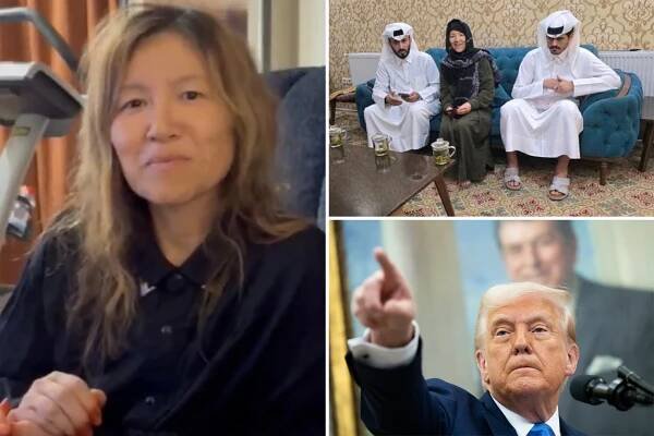 Collage of celebrities including Akira Hokuto, Donald Trump, Ronald Reagan, Milad Beigi, Ian White, Yoko Shimomura, and recently released American prisoner, Faye Hall sitting on a couch.