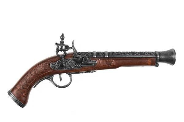 right side of french percussion pistol in pewter and faux wood.