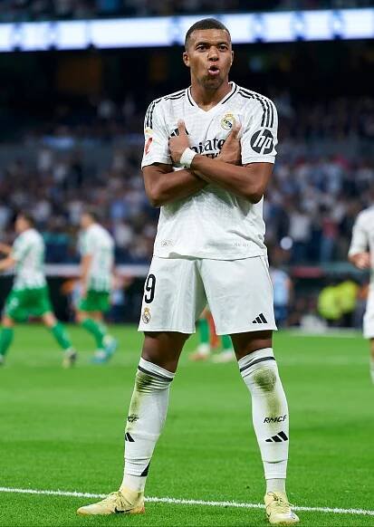 Kylian Mbappé of Real Madrid celebrates a goal.