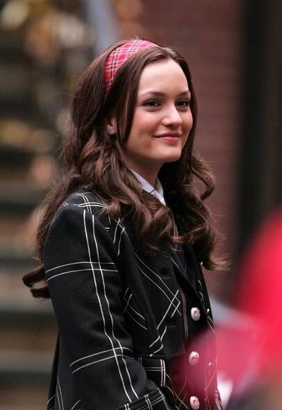 Leighton Meester as Blair Waldorf Smiling Plaid Headband Curls on 'Gossip Girl' Set 2007