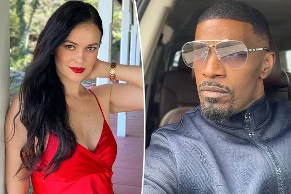 Natasha Blasick poses in red, split with Jamie Foxx sitting in car