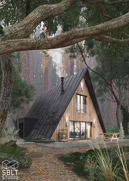 a house in the middle of a forest surrounded by trees