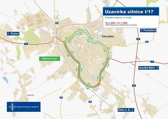 Mapa objízdné trasy přes Chrudim