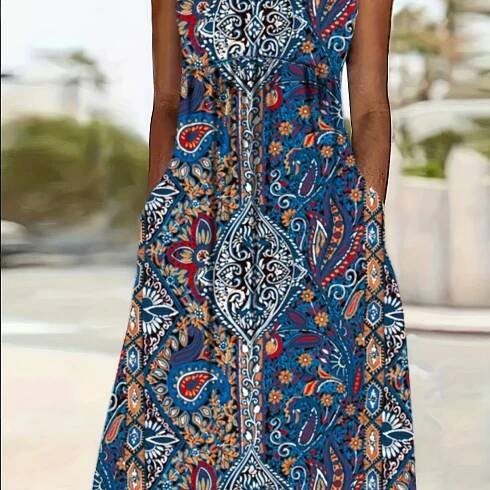 Plus Size - Živý Plus Size Paisley Potisk Bezrukávkové Maxi Šaty pro Ženy - Živý Červený, Modrý & Zlatý Design, Boat Neck, Boční Kapsy, Perfektní pro Letní Dovolenou, Dovolenkové Šaty