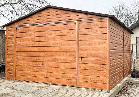 Plechová garáž 4,5x5, výklopná vrata + dveře, světlý ořech - imitace dřeva Kód výrobce TS538