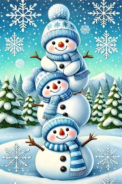 three snowmen are standing in the snow with trees and snowflakes behind them