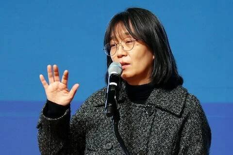 South Korean author Han Kang, the winner of the 2024 Nobel Prize in Literature, makes a speech in Gwangju