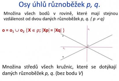 o = o1  o2 X  ; Xp = Xq  Množina středů všech kružnic, které se dotýkají daných různoběžek p, q. (bez bodu V)