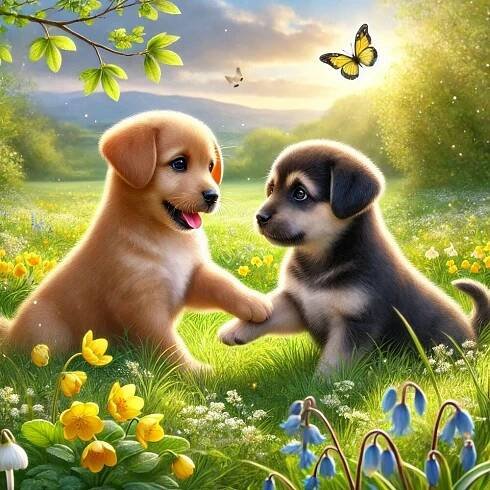 Two puppies playing together on a spring meadow. Realistic style