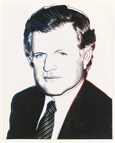A stylized portrait of a man with prominent blue and red outlines, featuring a dark suit, striped tie, and a serious expression. The image has a pop art aesthetic with bold colors and graphic quality, reminiscent of Andy Warhol's work.