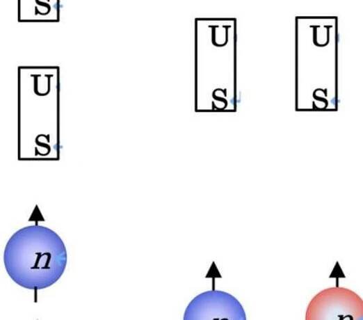 Figure 2: The top figure shows how the nature of the electromagnetic force acting between two bar magnets changes depending on their orientations, which is an exact analogy for the case of tensor force acting between a proton and a neutron in an atomic nucleus—shown in the bottom figure. Credit: Osaka University"The behavior we have detected can be likened to a pair of skaters executing a spin—one of them represents a proton and the other represents a neutron," study author Hooi Jin Ong explains. "If a third skater (another proton) approaches at the correct velocity and picks up the neutron, they travel off together in one direction and the effect of them moving off causes the original proton to travel in the opposite direction. Detecting and analyzing such an event leads to information on the nuclear structure."   acting between a proton and a neutron in an atomic nucleus—shown in the bottom figure. Credit: Osaka 