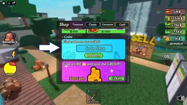 A screenshot of Go Fishing in Roblox showing the game's Codes field.