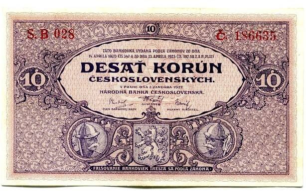 ČESKOSLOVENSKO. 10 korun 1927. Série B 028, č. 186635. Hej. 22b. - Numismatika Ostrava