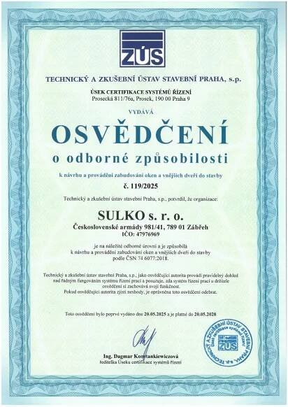 Obhájili jsme certifikaci kvality montáže podle ČSN 74 6077 | SULKO
