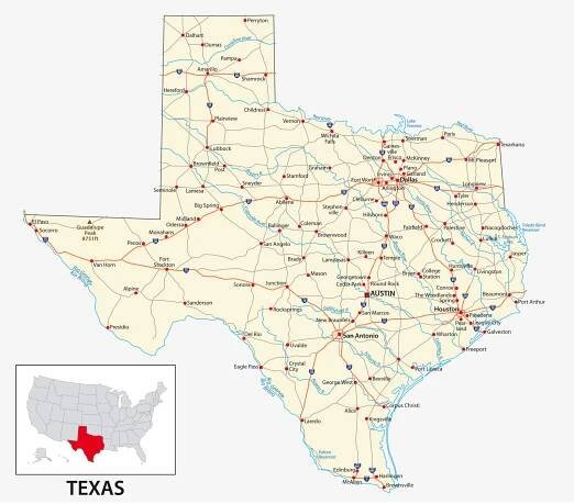 cestovní mapa amerického státu texas. - austin texas stock ilustrace