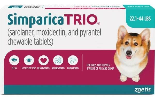 Simparica Trio Chewable Tablet for Dogs, 22.1-44.0 lbs, (Teal Box), 1 Chewable Tablet (1-mo. supply)