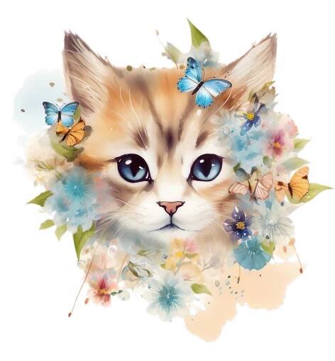 Free Watercolor Cat With Flowers And Butterflies - TopFreeDesigns