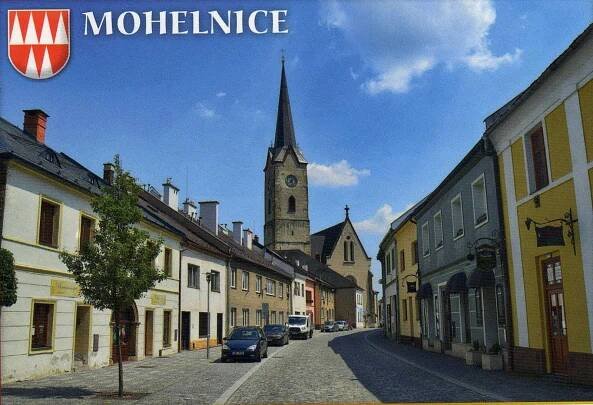 město Mohelnice - farní kostel, erb  - Pohlednice místopis