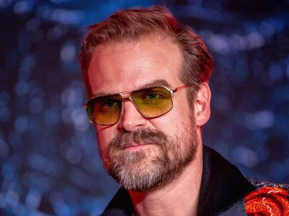 david harbour looking to the side of the camera, wearing yellow-tinted sunglasses, with a trimmed beard, and an embroidered suit jacket