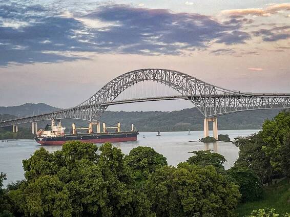 Entering the Panam Canal from the Pacific through the Bridge of the Americas.