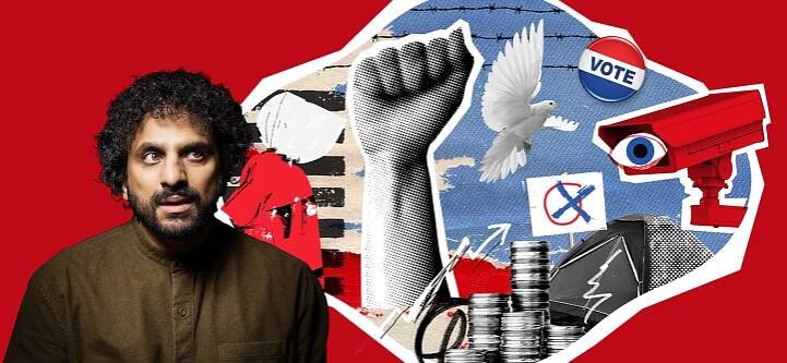 A decorative banner featuring Nish Kumar and a collage of images related to politics.