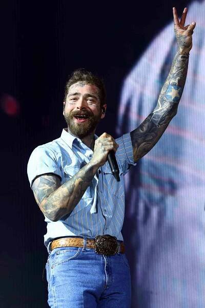 Post Malone performs at Coachella Stage during the 2025 Coachella Valley Music and Arts Festival on April 20, 2025 in Indio, California.