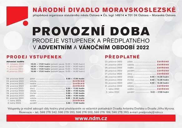 PROVOZNÍ DOBA PRODEJE VSTUPENEK A PŘEDPLATNÉHO V ADVENTNÍM A VÁNOČNÍM OBDOBÍ | Balet | Národní divadlo moravskoslezské