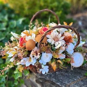Podzimní dekorace - Koš s houbičkami v přírodních tónech 