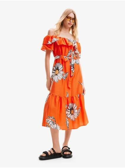 Desigual - Oranžové dámské květované midišaty Desigual Georgeo | ZOOT.cz