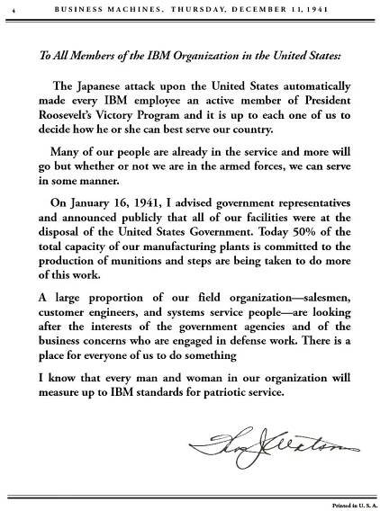 Image of letter to IBM employees that Tom Watson was turning over facilities to the government.
