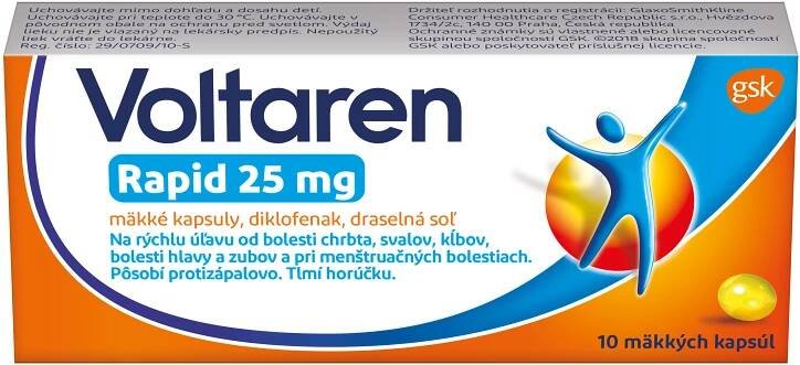 Voltaren Rapid 25 mg mäkké kapsuly 1x10 cps, rýchla uľava od bolesti s protizápalovým účinkom